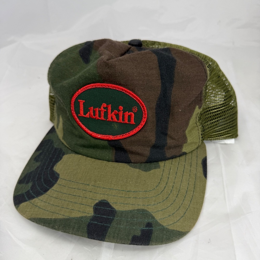 Vintage New Era Lufkin Camo Trucker Hat USA Made Snapback Mesh Cap Woodland